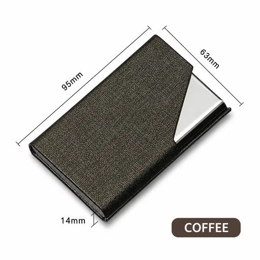 Coffee-colored Stainless Steel and PU Leather Business Card Holder - 95mm x 63mm - Magnetic Flip Cover, Velvet Lining, Professional Office Accessory