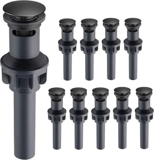 10 Pack Universal Bathroom Sink Drain Stopper, Pop Up Drain Strainer with Overflow, Push and Seal Sink Plug with Basket for Lavatory Vanity Vessel, Anti-Clogging Strainer, Matte Black