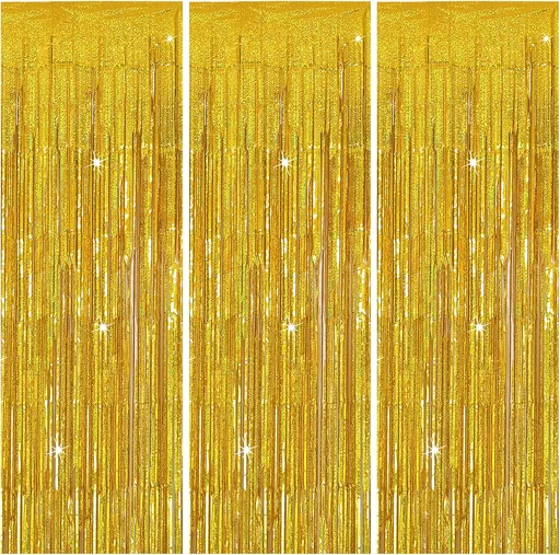 3 Pack Gold Backdrop Birthday Decorations Foil Curtain Streamers Dance Party Photo Booth Props for Bachelorette Christmas Halloween New Years Eve Supplies -