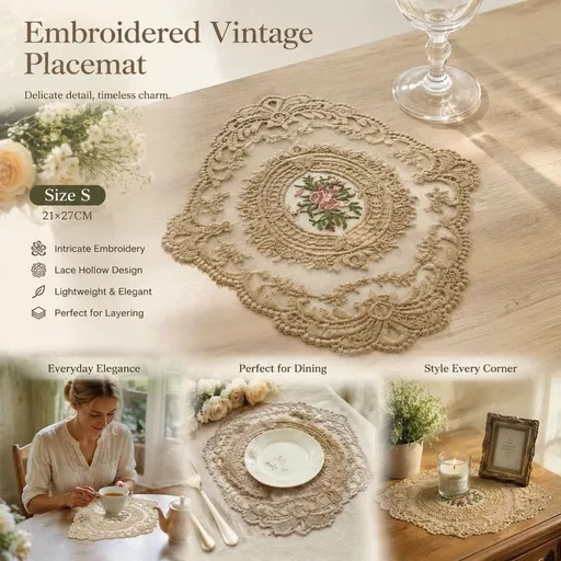 Antique Lace Trim Embroidered Placemat, Camel, Size S 21*27CM