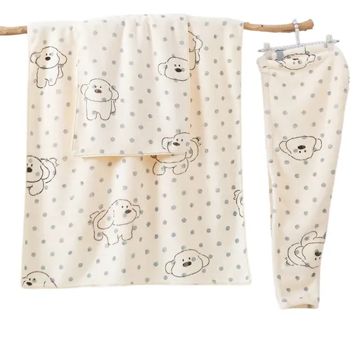 3 Piece Dog Print Coral Fleece Towel Set (Puppy pattern)- Soft Absorbent Face Towel, Large Bath Towel and Drying Cap, Quick Dry Bathroom Set for Home and Travel