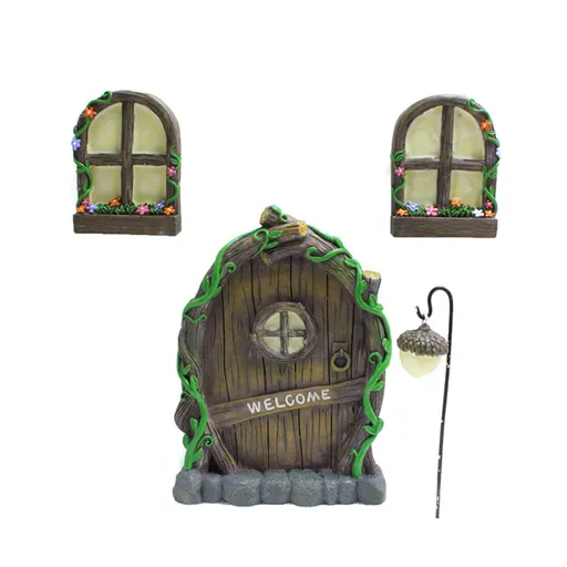 Miniature Window Door Decoration Set Resin Glow Fairy Window Door Sculpture for Outdoor Courtyard
