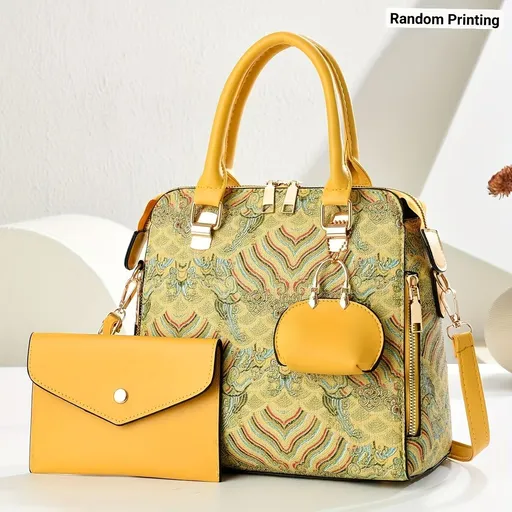 Ladies Hand-Held Bags 2-Piece Set Embroidered Print Retro Stylish Bag With - Yellow - Size 24-13-24