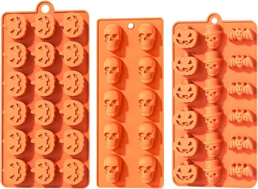 3 Pcs Halloween Silicone Baking Molds, Pumpkin Bat Skull Silicone Chocolate Molds for Candy Jelly Ice Cube Tray, 46 Cavities