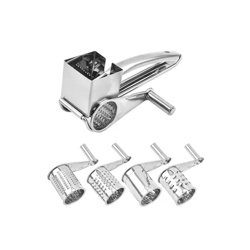 Rotary Cheese Grater with 4 Interchangeable Drum Blades, Stainless Steel Cheese Grater with Handle for Nuts, Parmesan, Cheese
