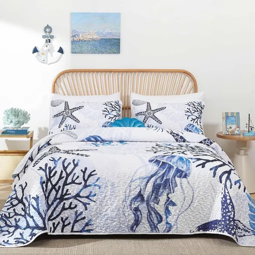 Blue Nautical Coastal Luxe Bedspread Coverlet 3 Piece Set