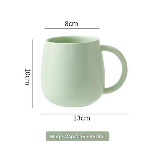 Green Premium Macaron Ceramic Coffee Mug - 480ml Large Capacity Belly Cup with Underglaze Finish, Minimalist Nordic Style Porcelain Mug for Coffee, Tea, Milk and Oatmeal