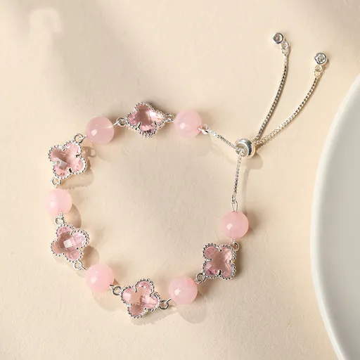 Natural Pink Crystal Four-Leaf Clover Bracelet - Elegant Adjustable Silver-Tone Bolo Jewelry for Women - Versatile Quartz Bead Charm Bracelet, Perfect Mother's Day Gift