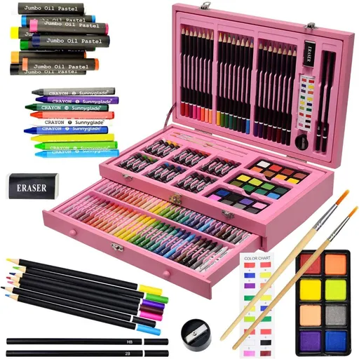 145 Piece Deluxe Art Set Wooden Art Box & Drawing Kit Blue Art Kit with Crayons, Oil Pastels, Colored Pencils, Watercolor Pans, Sketch Pencils, Brush, Sharpener, Eraser, Color Chart - Pink - Size 1Pack