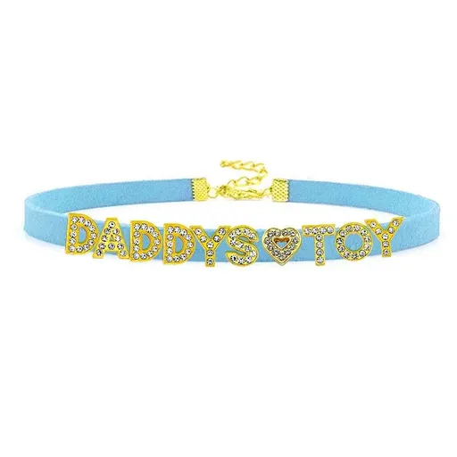 House Of Dasein Sexy Gold Color Letters Daddys Toy Choker Collar Necklace Men Women Ddlg Role Age Play Suede Leather Chocker Cosplay Jewelry - Sky Blue - 32Cm Plus 7Cm - Daddys Toy