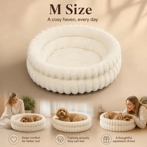 Detachable Washable Dog Cat Bed, Cream Faux Rabbit Fur M Size, Indoor Rest Cushion