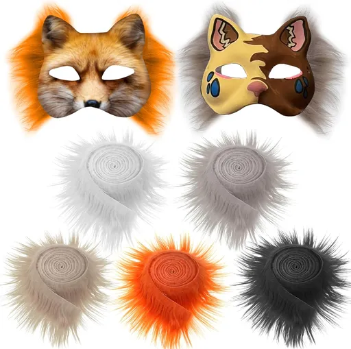 16-Pack Blank Cat Paper Mache Mask & 5-Pack Colored Faux Fur Strips for Cosplay, Halloween Decorations, Craft DIY Projects