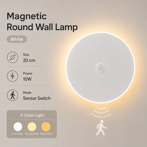 Magnetic Round LED Wall Lamp, Hardwired, White 20cm, Motion Sensor, 3 Color Lighting, Modern Disc Wall Sconce