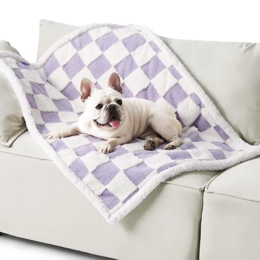 65 x 90 CM Waterproof Soft Sherpa Fleece Pet Blanket (Purple Gingham) - Reversible Thickened Furniture Protector for Dogs & Cats