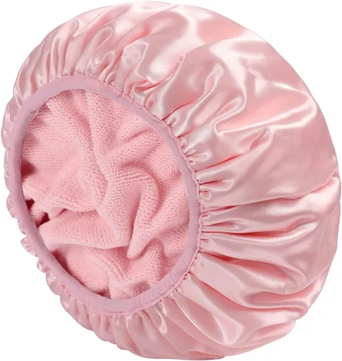 Terry Lined Shower Cap,Triple Layer Large Cap for Women,Shower Cap Reusable Waterproof,Long Thick Hair(Pink)