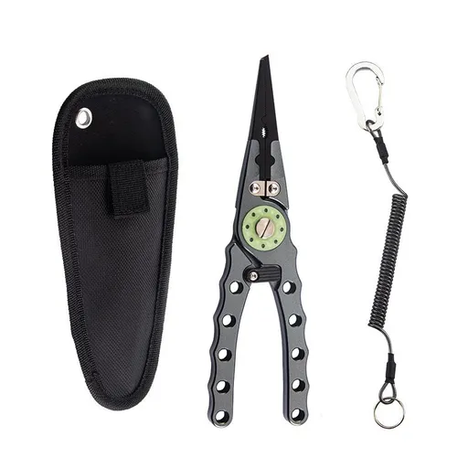 Outdoor fishing gear with lock and glow-in-the-dark lure pliers