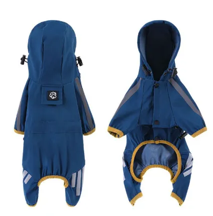 S Blue And Gray Trim Waterproof Four-Legged Dog Raincoat with Leash Hole for Small Breeds