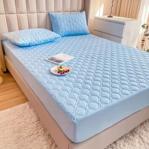 Waterproof Quilted Fitted Sheet Solid Color Toddler Sky blue 0.9*2m single fitted sheet