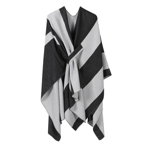 Lightweight Layering Cape, Clean Vertical Contrast Stripe Detail, Black White