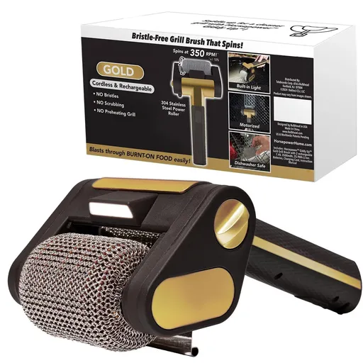 Electric Grill Cleaner Bristle Free – Cordless, Rechargeable BBQ Grill Brush with 350 RPM Stainless Roller, LED Light, Dishwasher-Safe for Gas/Charcoal Grills