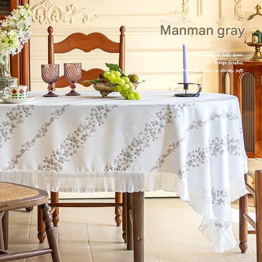 Grey 90*90 Dimensions include lace French Vintage Tablecloth - Pearl Yarn Polyester with Pleated Ruffle Edge - Floral Print Table Cover for Dining, Coffee Table, Bedside, Home Decor, Party, Gift Ready