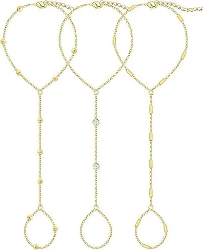 3PCS 14K Gold-Plated Hand Chain Bracelets for Women, Stack Bracelets Set Adjustable, Trendy Dainty Ring Bracelet Hand Chain