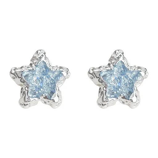 Blue Crystal Star Stud Earrings for Women - Silver Plated Star Shape Earrings with Elegant Minimalist Design