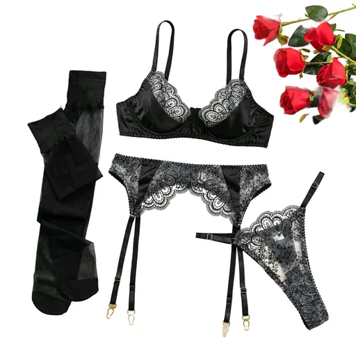 House Of Dasein Heavy Embroidery Sexy Hollow Out Transparent Splicing Lingerie Set With Stockings For Women - Black - L