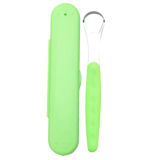 1 Piece BPA Free Tongue Scraper, soft handle oral care cleaner with travel case for adults and kids, Green, 1.18 x 0.98 x 6.1 inches