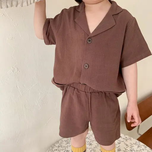 Kids Cotton Short Sleeve Shirt Shorts Set 21039 21039 Curry 90cm