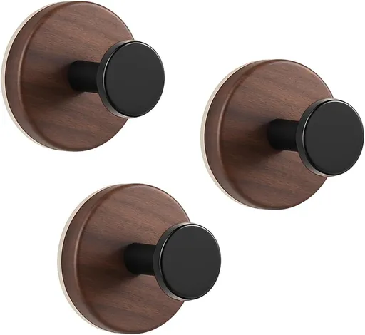 Sticky wooden wall hook, 3-piece set of dark walnut colored towel hooks for farmhouse decoration, used for hanging hats, towels, robes, clothes, key bags