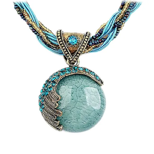 Women Lady Retro Vintage Bohemian Style Twist Woven Rope Chain Turquoise Rhinestone Pendant Collar Necklace Fashion Jewelry