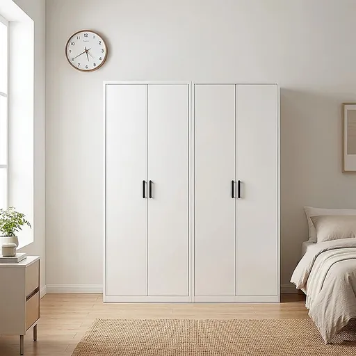 160x200cm 4-Door White Steel Shelf Wardrobe with Black Handle Storage Cabinet