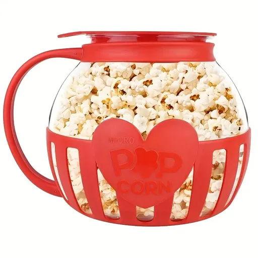 Microwave Glass Popcorn Bowl, High Borosilicate Heat Resistant, Multi-Functional Measuring Lid, Butter Seasoning, Oil-Free Low Fat, 2-3 Min Fast Pop, Dishwasher Easy Clean, DIY Family Fun（red)