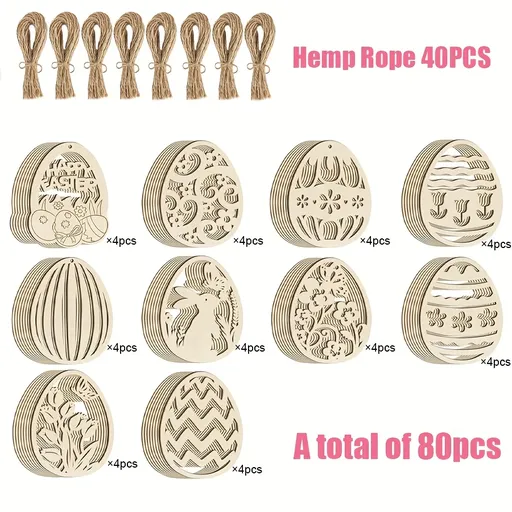 80pcs Easter wooden colored eggs, blank wooden pieces hand-made colored eggs, (including 40 hemp ropes and 40 wooden pieces) blank hanging decorative hand-made labels, suitable for Easter spring DIY art handicraft decorations, Easter decorations (Eas