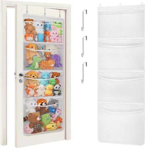 Stuffed Animal Storage, Over the Door Organizer with 5 Expandable Mesh Pockets, Breathable Oxford Fabric Hanging Kid Baby Plh Toy Holder for Nursery, 167 cm (65.8'') High, White, 1 Pack