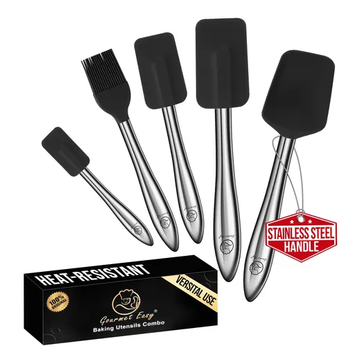 Gourmet Easy 5pcs Silicone Spatula Set, Heat Resistant with Stainless Steel Handle (Black)