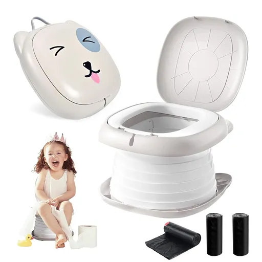 Portable Folding Potty for Toddlers – Compact Travel Toilet with Cat Design, Easy to Carry & Clean, Ideal for Home, Car, Camping, Outdoor Use (Grey)