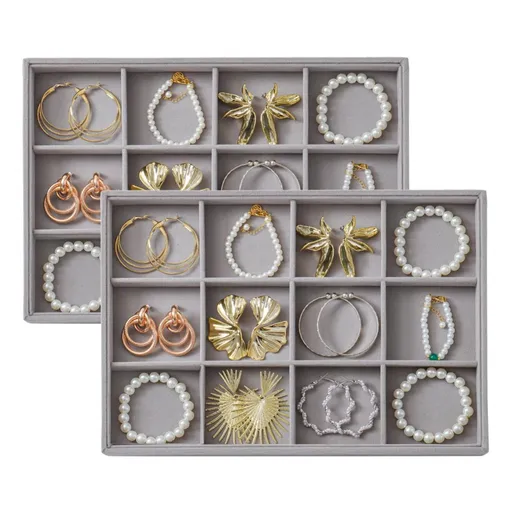 Large Velvet Jewelry Tray Display Drawer Inserts 2 Pack Stackable Jewelry Organizer for Earring Bracelet Necklace Ring 12 Grids - Gray - Size 12 Grids