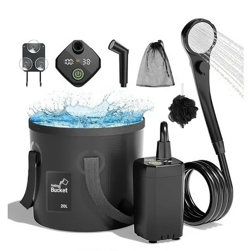 Portable Camping Shower, 6000mAh Rechargeable Outdoor Shower Pump 4 Spray Modes & Speeds, Ipx7 Waterproof, LED Display, Portable Shower for Camping, Car & Pet - Black - Size 5.3-gallon bucket, spray gun, and bath bomb