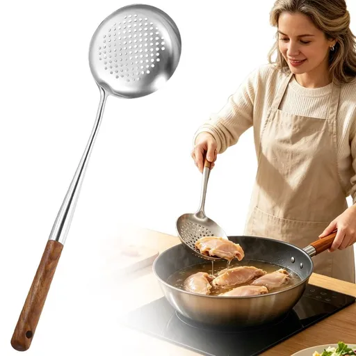 Thickened Stainless Steel Mesh Spoon with Wooden Long Handle, Multipurpose Kitchen Strainer for Noodles, Dumplings, Hot Pot, Oil Separation, Deep Frying, Durable Home Cooking Utensil