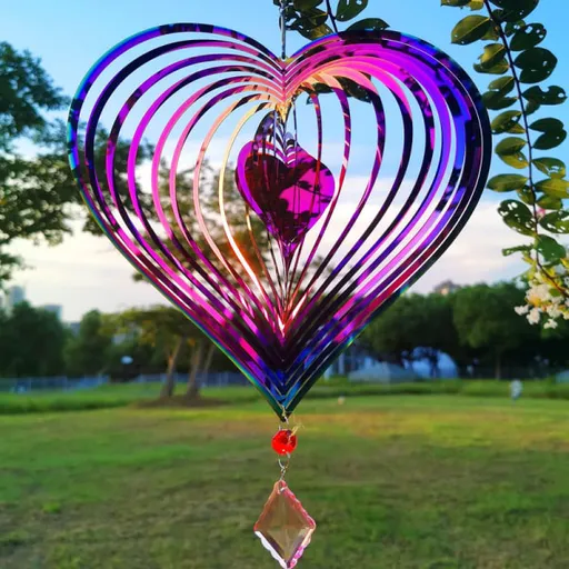 Metal wind chime, hanging garden decoration, stainless steel, heart pattern, spin with 360° rotating hook, 37x20 cm