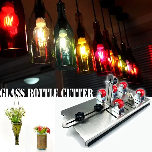 Glass Bottle Cutter Tool for DIY Crafting, Adjustable Cutting Machine for Repurposing Bottles into Lamps, Planters, Cups and Vases, Durable Steel Body with Rubber Rings (Silver)