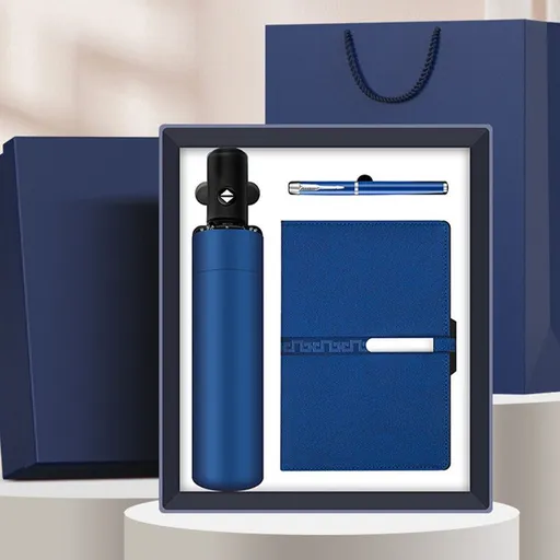 Business Gift Set Automatic Foldable Umbrella Notebook Pen, Premium Corporate Presentation Gift Hamper, Outdoor Office All In One Gift Box-blue
