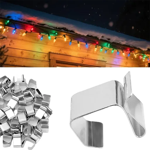 50 pieces - Christmas Lighting Gutter Hooks - Light Hose Clamps - Christmas Lighting Clips - Weatherproof Metal Gutter Clamp - Festive Lighting Clamps - Cable Clips - Christmas Decoration Hooks - for Christmas and Halloween Seasonal Cord - Silver - 2