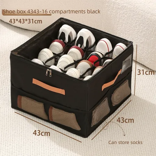 Extra Large Foldable Shoe Storage Box 16 Compartments with Side Pockets Clear Lid Wardrobe Organiser for Sneakers Socks 43cm Square Cube Black