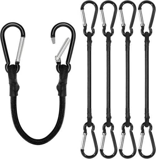 4 Pack Bungee Cords with Carabiner Outdoor Climbing Bounce Rope Elastic Tie Down Straps with Hooks Mini Short Bungee Straps Dual-Hook Design for Tents Cargo Kayak Boat Luggage (Black-12)