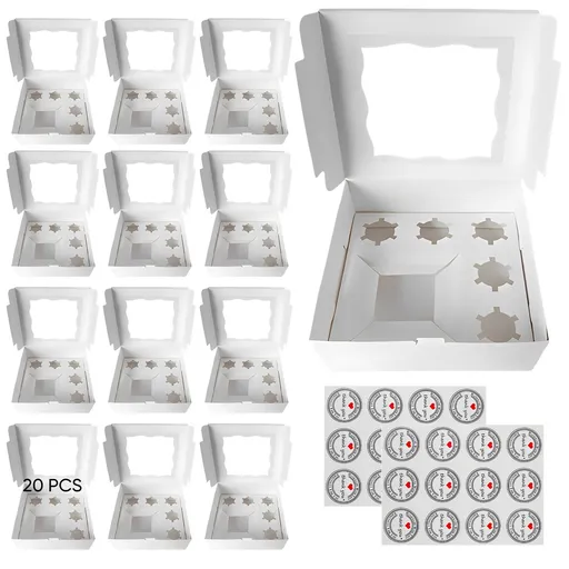 20PCS White Cake Boxes with Clear Window, 10" x 10" x 5", Multi-Hole Holder for Stable Cupcakes, Paper Dessert Packaging for Party Baking, Includes Thank You Stickers