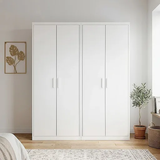 160x200cm 4-Door White Steel Shelf Wardrobe with White Handle Storage Cabinet