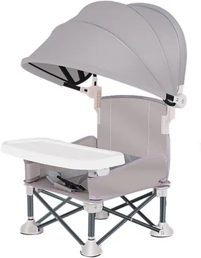 Foldable Highchair for Children with Sunshade and Removable Food Tray, Portable, Gray